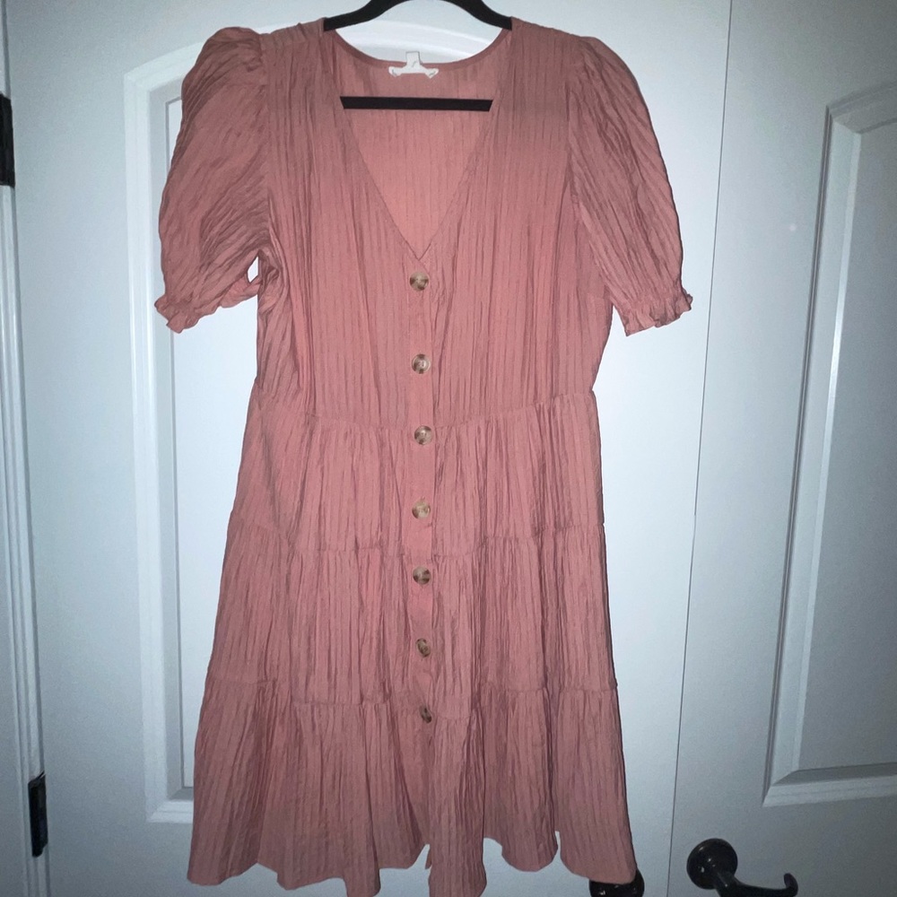 Pink button up through the middle sleeve summer dress